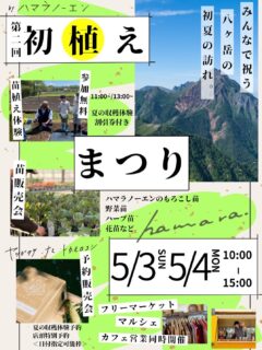 【GWイベント告知】出店者募集中今年も植付け体験のお祭りを開催します🌱『第二回 ハマラ初植えまつり 2026』みんなで八ヶ岳の夏の訪れを祝いましょう！！今回も参加無料の植付け体験や、500ポットを超える野菜や花苗、フードや古着などなど昨年からさらにパワーUPした内容でお届けします！GWはぜひハマラノーエンへお立ち寄りください🎏〜・〜・〜・〜・〜・〜・〜・〜・〜・〜・〜・〜◼︎イベント詳細◼︎🔸とうもろこし苗の植付け体験〔参加無料〕⭐︎参加者には夏の収穫体験割引チケット配布※体験は11:00~/13:00~の2部（各30分程度）🔸苗販売会・ハマラとうもろこし苗 ・野菜苗 ・ハーブ苗・花苗 ・多肉植物等　計500ポット以上販売予定！⭐︎とうもろこしの栽培方法は弊社生産スタッフへ何でもご質問ください◎🔸八ヶ岳生とうもろこし予約販売会⭐︎店頭特別予約（日付け指定発送可能）⭐︎収穫体験の先行予約受付🔸マルシェ/フリーマーケット当日は地元のクラフト作家さんやキッチンカー、北杜市より古着屋さんの出店も予定されています！⭐︎個人の方も古着や手作り作品など何でも◎フリマに参加してみませんか？？出店者まだまだ募集中です！（法人の方もマルシェへの出店お待ちしております）🔸FIELD FEEL COFFEEカフェ営業八ヶ岳と畑を眺めなからコーヒーを☕︎人気のコーンスープや軽食もご用意してます！〜・〜・〜・〜・〜・〜・〜・〜・〜・〜・〜・〜◼︎日程: 2026年 5月3日（日） 5月4日（月）◼︎時間: 10:00〜15:00◼︎会場: ハマラハウス（直売所） 長野県茅野市玉川11398◼︎駐車場:無料（約20台）※植付け体験にご参加の方は、畑に入りますので汚れてもよい靴でご参加ください※出店希望の方はDMにてご連絡ください#八ヶ岳観光　#長野観光 #収穫体験　#苗販売 #出店者募集
