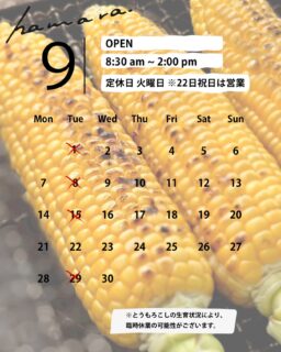 9月営業カレンダー

8月もご来園いただいたみなさま、
改めて本当にありがとうございました！

いよいよ、9月がはじまります。
八ヶ岳生とうもろこしの最後の月。
秋のごちそうをお届けいたします。

※
とうもろこしの生育状況や天候等により、
臨時休業や時短営業となる場合がございます。
最新情報は事前にInstagramをチェックのうえご来園ください。

@ffc_hamara 

#ハマラノーエン
#ハマラハウス
#八ヶ岳生とうもろこし
#秋のごちそう